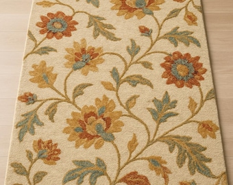 Vintage Floral Area Rug | Beige Botanical | Traditional Flower Carpet | Cottage core Living Room | Boho Farmhouse Home Decor Rug