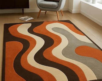 Abstract Wave Area Rug, Modern Geometric Retro Wavy Living Room Orange Brown Cream Rug, Contemporary Mid Century Decor