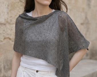 Cropped Linen Poncho: Sheer Knit Beach Cover Up with Sequins
