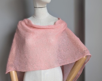 Blush Pink Linen Poncho: Hand-Knit Sequin Summer Wrap