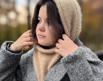 Beige Wool Balaclava – Hand-knitted Fluffy Hood, Soft Angora Style