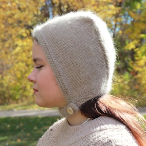 Beige Wool Bonnet Adult -  Retro Hooded Hat With Ties for Winter Skating - Knitted Tie Hat bonnet girl