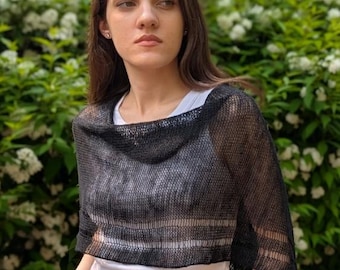 Black Linen Shrug Poncho: Sheer Boho Beach Cover Up