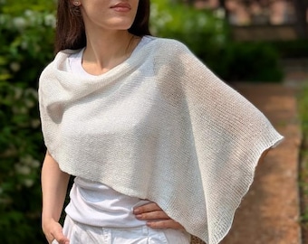 White Buttercream Linen Cropped Poncho – Sheer Summer Cape, Lightweight Beach Cover Up, Women’s Wrap, Short Poncho Shawl, Gift for Her
