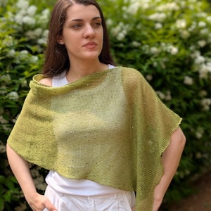 Linen Summer Shrug Poncho - Lightweight Open Knit Sequin Wrap - One Shoulder Capelet - Breathable Evening Cover Up - Natural Flax Yarn