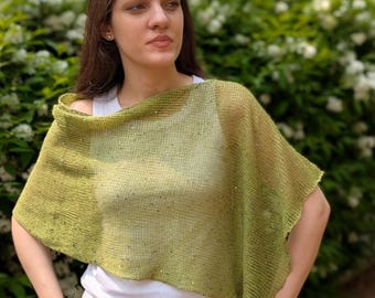 Linen Summer Shrug Poncho - Lightweight Open Knit Sequin Wrap - One Shoulder Capelet - Breathable Evening Cover Up - Natural Flax Yarn