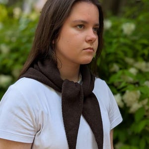May include: A dark brown scarf with long, pointed ends is worn around the neck. The scarf is knotted at the front, creating a triangular shape. The person is wearing a white t-shirt.
