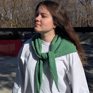 Handmade Moss Green Cashmere Triangle Scarf: Merino Wool Knit Bandana