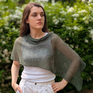 Green Cropped Poncho Linen – Lightweight Festival Cape – Sheer Summer Shrug – Hand Knit Beach Cover Up – Boho Gift for Her