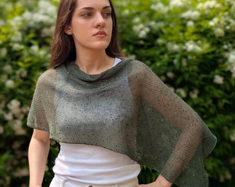 Green Cropped Poncho Linen – Lightweight Festival Cape – Sheer Summer Shrug – Hand Knit Beach Cover Up – Boho Gift for Her