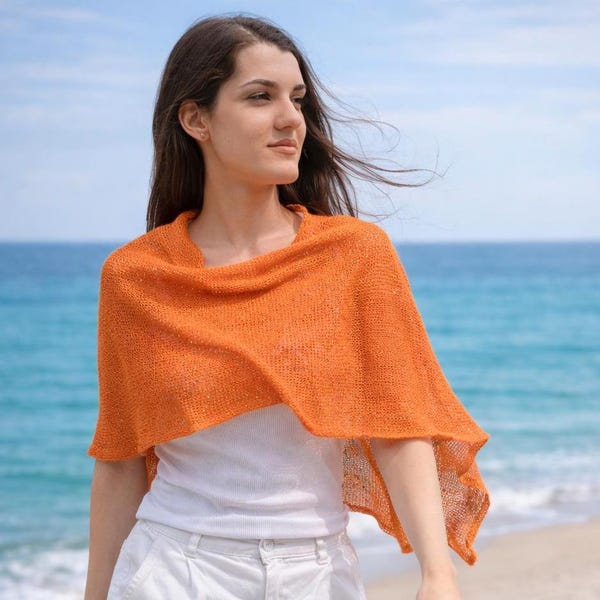 Linen Shawl with Sequins, Beach Cover Up, Sheer Summer Poncho, Lightweight Wrap,
