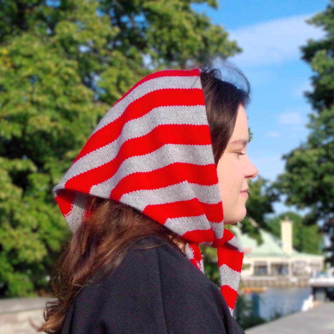 Cashmere Blend Triangle Scarf: Red Grey Striped Merino Wool Neckerchief ...