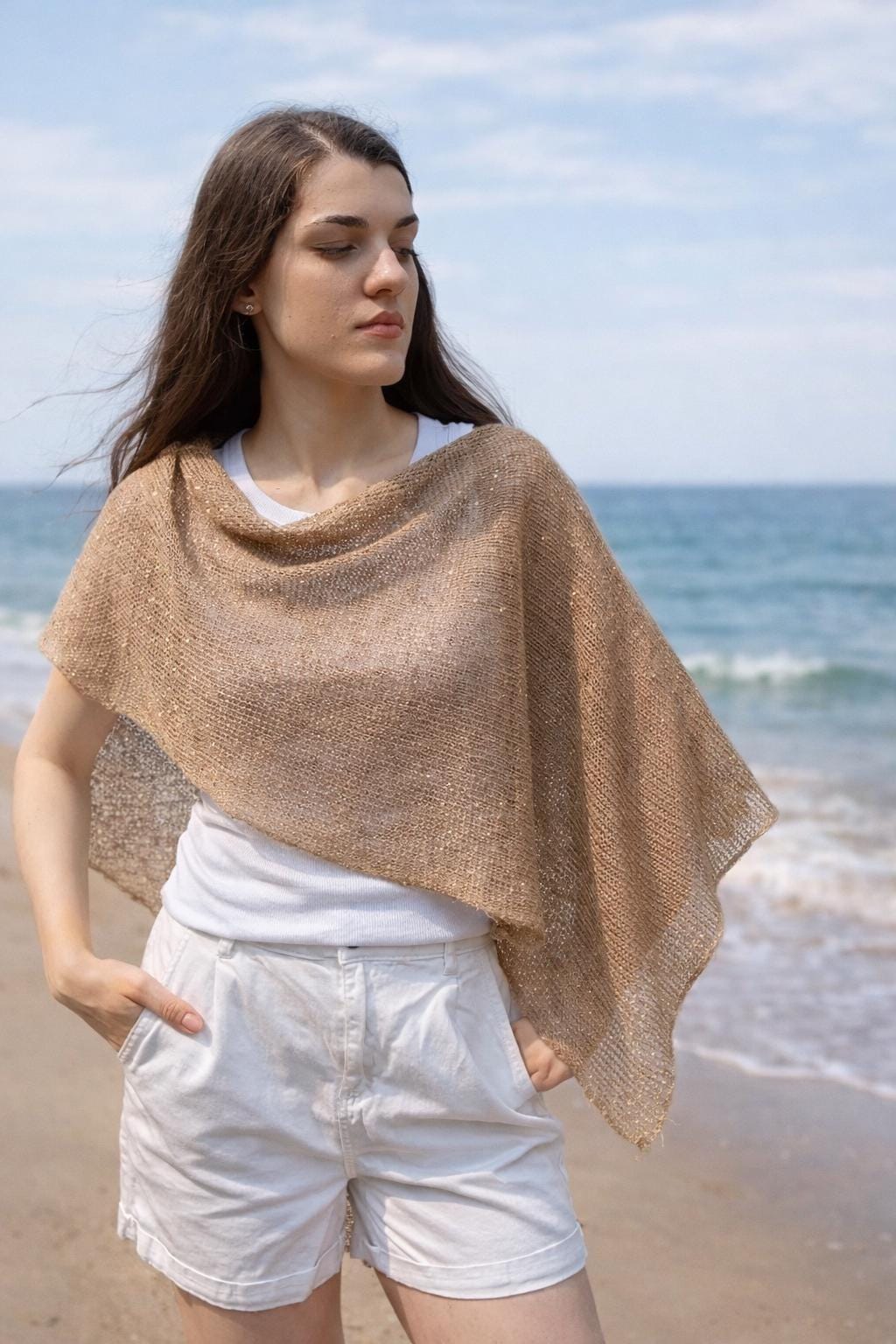 Linen Sequin Festival Shrug: Handmade Boho Poncho Cover-Up