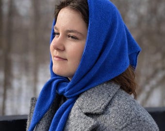 Handmade Cashmere Triangle Scarf: Cobalt Blue Merino Wool Neck Warmer