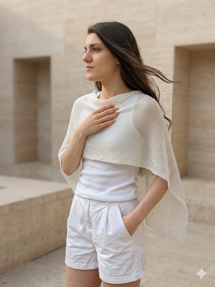 Bridal Linen Poncho, Ivory White Sequin Wrap, Wedding Shawl Bride, Beach Wedding Cover Up,