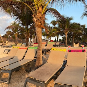 May include: Beach scene with several lounge chairs on the sand, each with a reserved sign. Palm trees are in the background under a blue sky. The signs have names like Travis and Tiffany.
