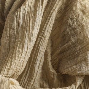 Pu&ograve; includere: Un tessuto beige con una superficie increspata e strutturata. Il materiale presenta pieghe verticali che creano un aspetto stratificato e voluminoso. Il colore marrone chiaro &egrave; uniforme su tutto il tessuto drappeggiato e leggero.