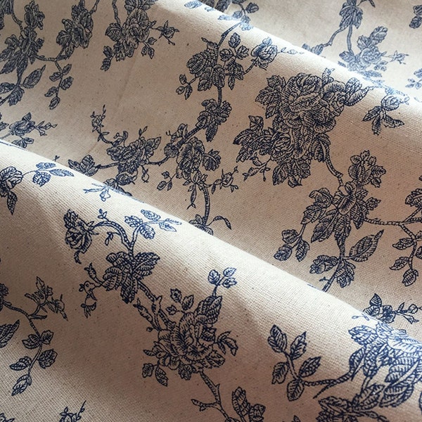 Flower Cotton Linen Fabric,Pillow Fabric,Blue Fabric,Cotton Linen Fabric,Printed Fabric,Soft Fabric,Dress Fabric,Fabric By The Yard