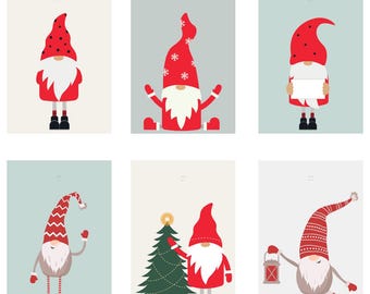 May include: Six printable gift tags featuring cute red and white gnomes with different holiday-themed accessories. The gnomes are holding a sign, a lantern, a Christmas tree, and other festive items.