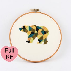 Bear embroidery kit for beginners geometric animal pattern needlepoint hoop DIY kit gift for kids modern easy embroidery kit for adults