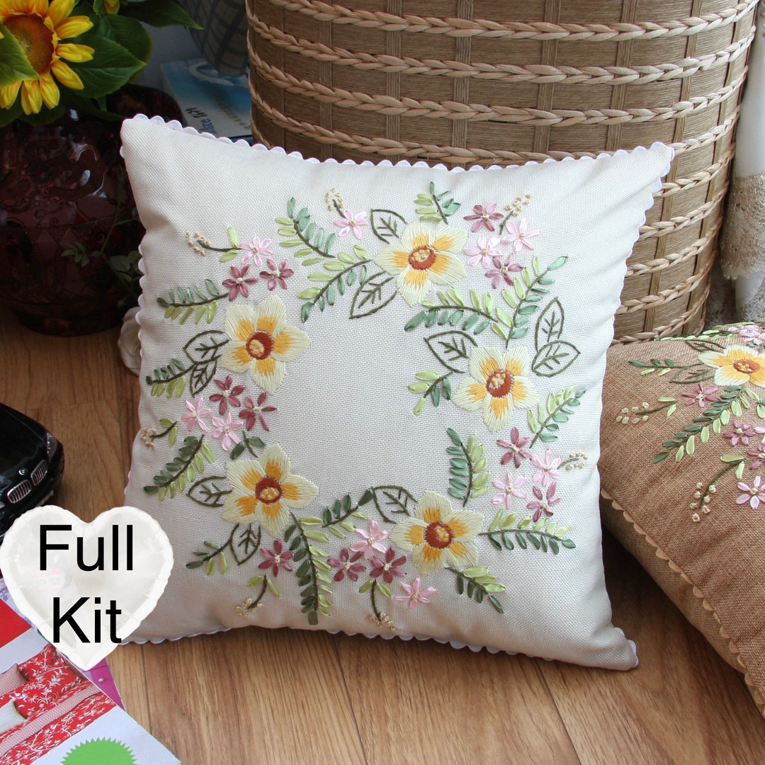 Cushion Cover Embroidery Kit 45cm Pillow Case Floral Etsy