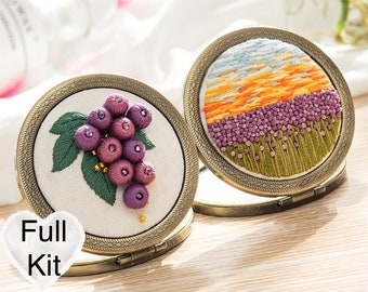 Embroidery Compact Mirror Kit: DIY Craft, Vintage Pattern