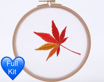 Maple leaf embroidery kit needlepoint hoop pattern stitching on transparent fabric diy full set easy modern embroidery kit