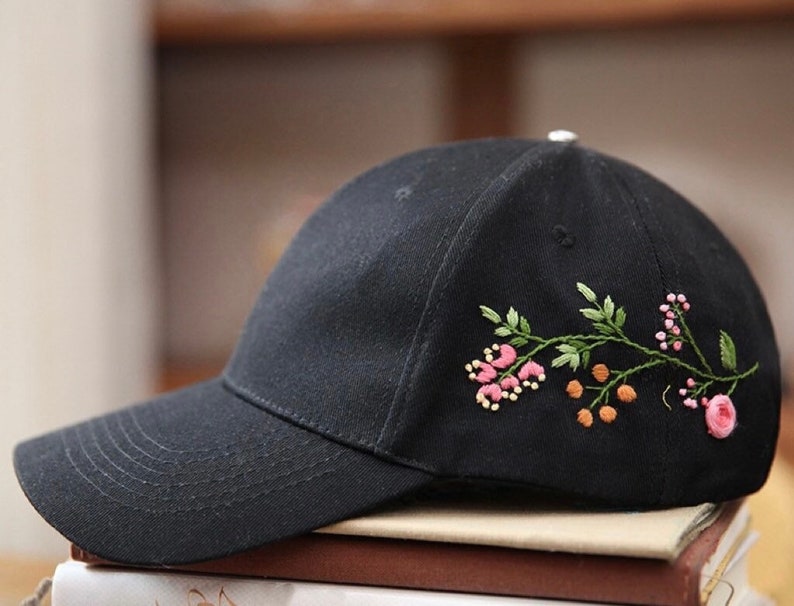 刺繍帽子フルキット：ヴィンテージ花柄DIYクラフト Black