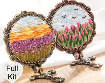 Embroidery Mirror Kit: Vintage Floral DIY Craft for Beginners