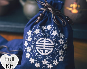 Floral Embroidery Gift Bag Kit: Beginner DIY Sewing Pouch