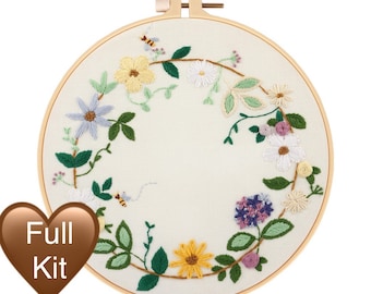 Yellow wreath embroidery kit floral pre printed fabric needlepoint hoop pattern stitching DIY full set Mother’s Day gift