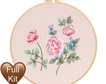 Pink Roses Embroidery Kit: Floral Needlepoint Pattern, DIY Full Set