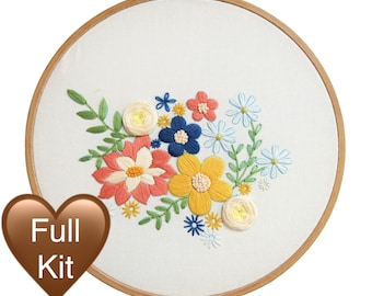 Floral Embroidery Kit Botanical Flower Bouquet Blooming Wildflower Needlepoint Hoop Pattern Stitching DIY Full Set Simple Easy Embroidery