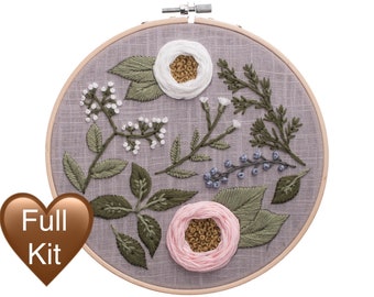 Floral embroidery kit beginner embroidery full kit plants and flowers pattern with hoop vintage embroidery wall art diy craft kit