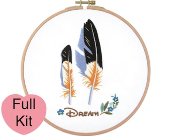 Feather Embroidery Kit Floral Spring Dream high Nature DIY KIT Needlepoint Hoop Pattern Stitching Full Set Modern Beginner Embroidery