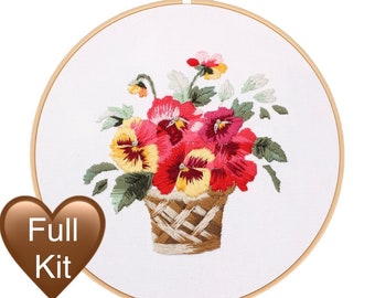 Floral Basket Embroidery Kit: Pre-Printed Fabric DIY Needlepoint