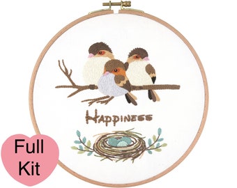 Happy family Embroidery Kit Floral Spring Cute Birds Nature DIY KIT Needlepoint Hoop Pattern Stitching Full Set Modern Beginner Embroidery