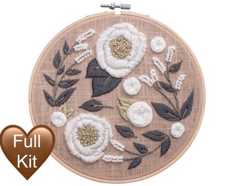 Floral embroidery kit beginner embroidery full kit plants and flowers pattern with hoop vintage embroidery wall art diy craft kit