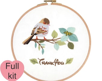 Bird Embroidery Kit: Spring Floral Design, Beginner Needlepoint
