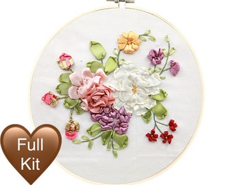 Ribbon embroidery kit for beginner vintage flower pattern handmade craft diy kit 30cm needlepoint hoop art gift for her