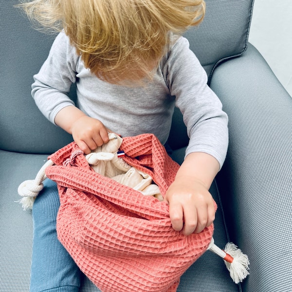 Sac pochon en coton, grande pochette avec cordon, a lien coulissant, sac pour affaires de bébé.