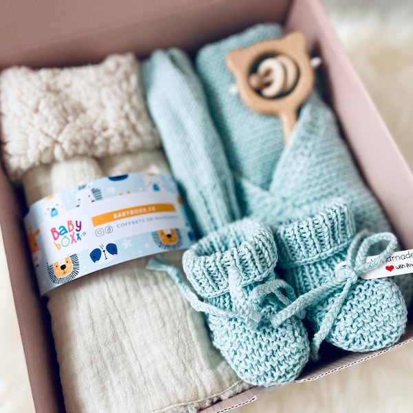 cadeau de naissance personnalisé, garçon, Layette pour bébé tricot, fait main, coffret de naissance, Idée de cadeau bébé original, mixte