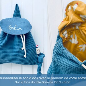 Sac à dos enfant personnalisé , crèche , sac à dos maternelle, double gaze de coton , cartable personnalisé, cadeau de naissance pour garçon