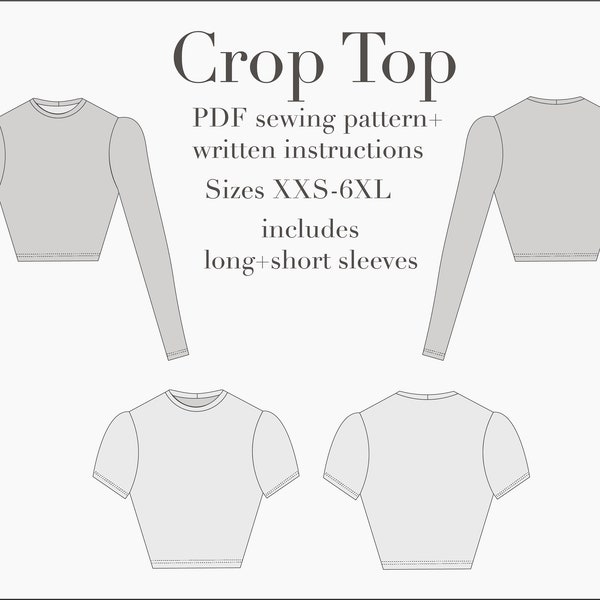 Crop Top PDF Sewing Pattern XXS-6XL, short & long sleeves included