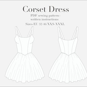 Gathered Corset Dress PDF Sewing Pattern, Sizes XXS-XXXL including 3 bust options