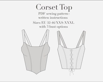 Corset Top PDF Sewing Pattern Sizes XXS-XXXL, including 3 bust options