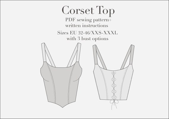 Corset Top PDF Sewing Pattern Sizes XXS-XXXL, Including 3 Bust