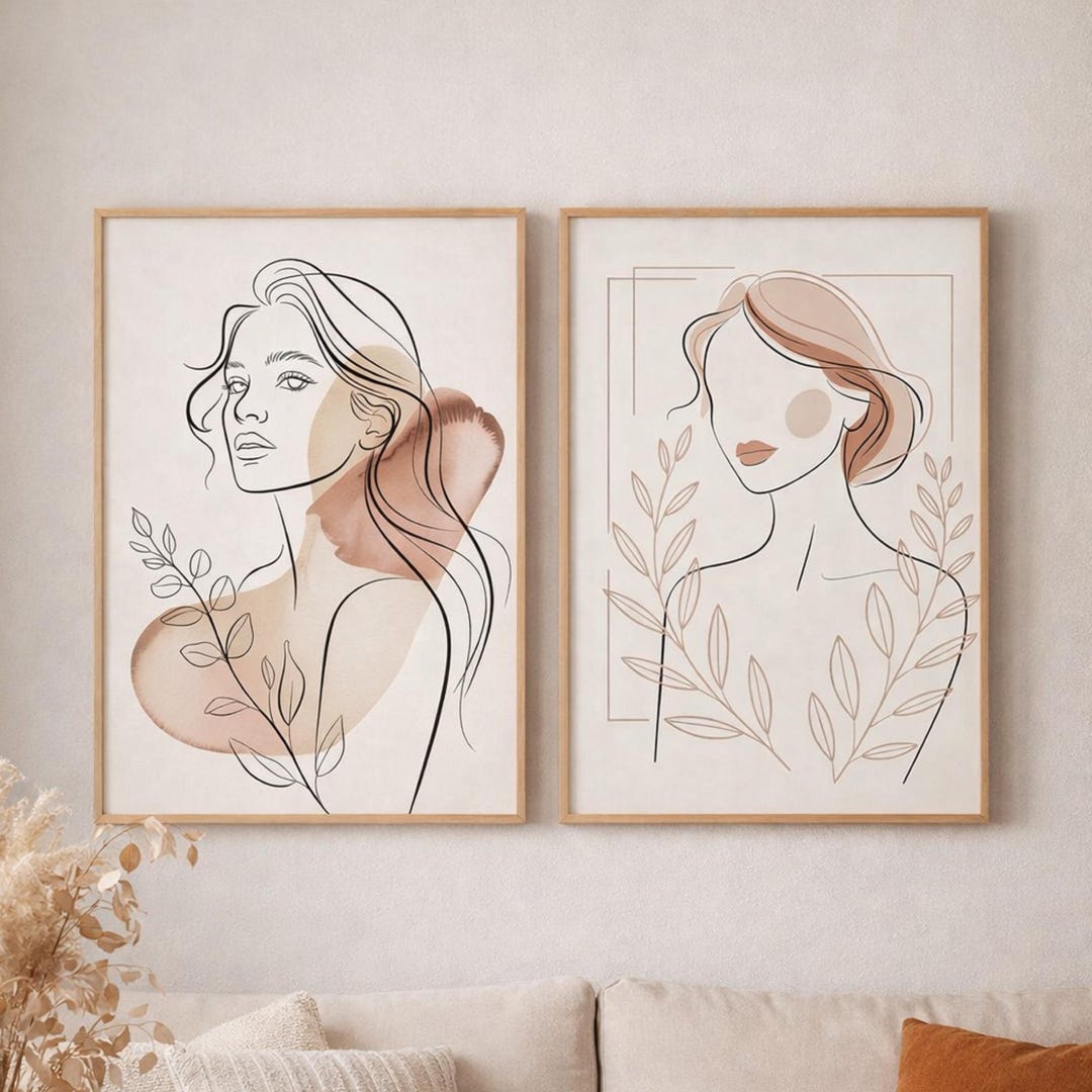 Set of 2 Line Art Woman Prints, Neutral Boho Printable Wall Decor, - Etsy