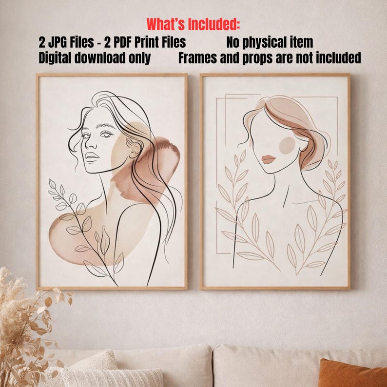 Set of 2 Line Art Woman Prints, Neutral Boho Printable Wall Decor, - Etsy