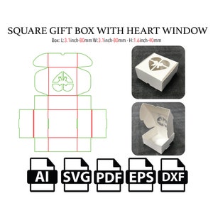 Square Gift Box with PVC Heart Window,Mailer Box,Shipping Box SVG,Product Box, Mini Gift Box SVG, Party Favor Box, Box Vector svg,pdf,